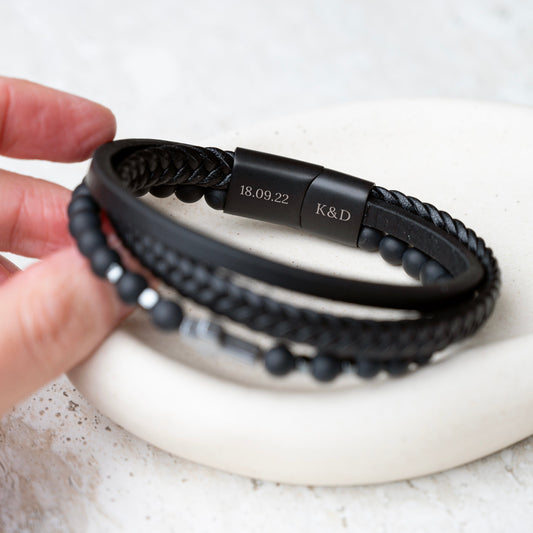 Personalised Men's Beaded and Stacked Leather Cross Bracelet
