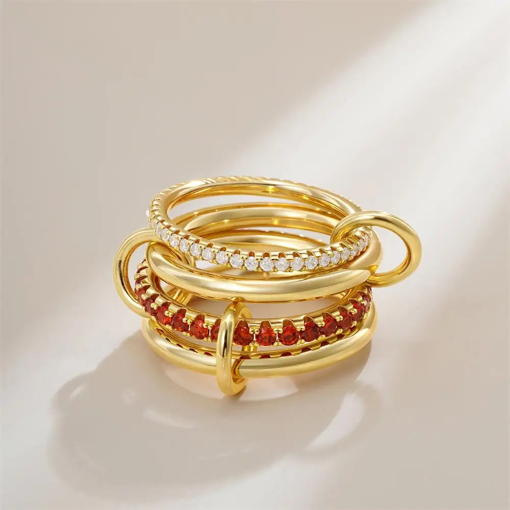 18K Elegant Gold Plated Stacked Rings with Red & White Stones