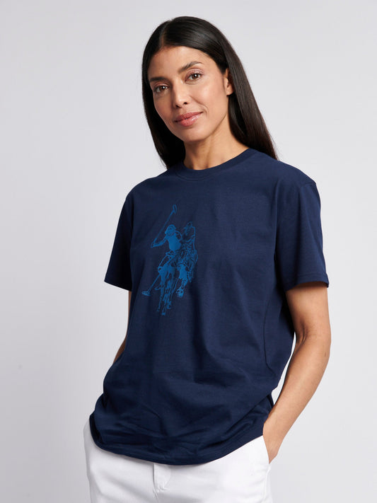 Womens Double Horsemen Print Crew Neck T-Shirt in Navy Iris
