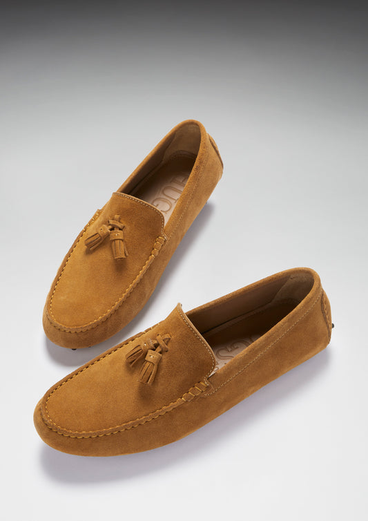 Tasselled Driving Loafers, tobacco suede
