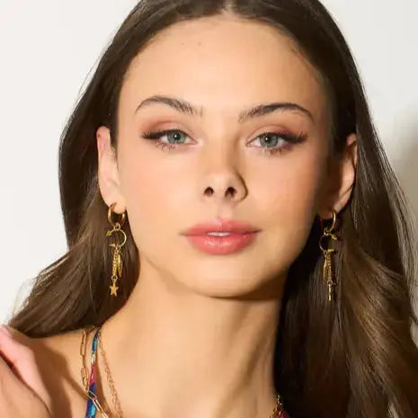 Aelin Luxe 18k gold plated statement dangle star charm hoop earrings by LUXE TONES