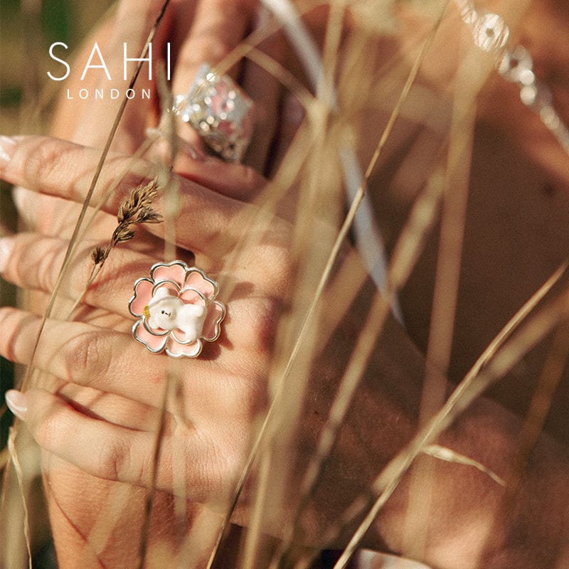 Sahi Gold Enameled Round Camellia Bear Ring