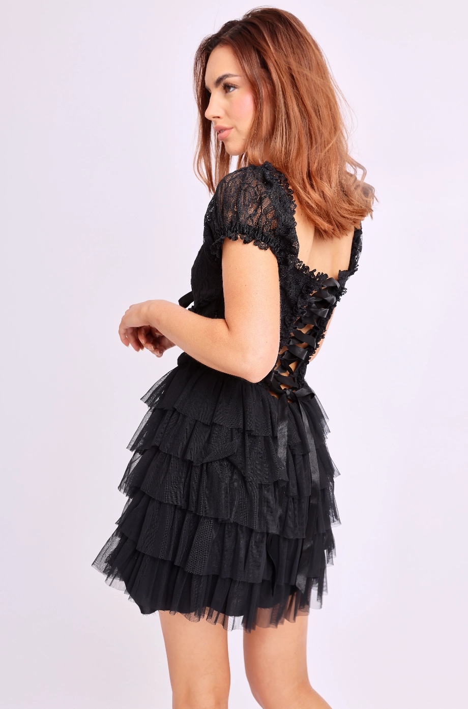 Amy Jane London Black Coquette Tulle Lace Sweetheart Neck Sofia Mini Dress