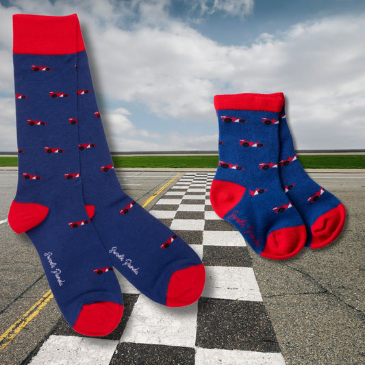 Racing cars matching bamboo socks for adults and children by Swole Panda