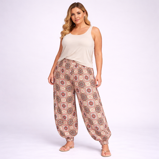 Stone wine tile print high waist harem pants by rockthosecurves