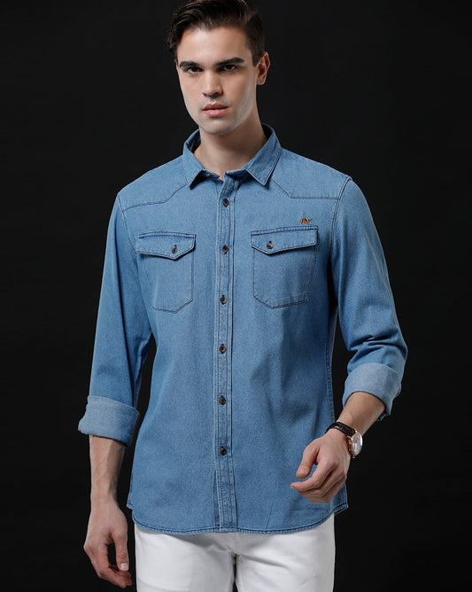 Men's slim fit solid denim casual shirt (ANSOL) by Temple Of Denim