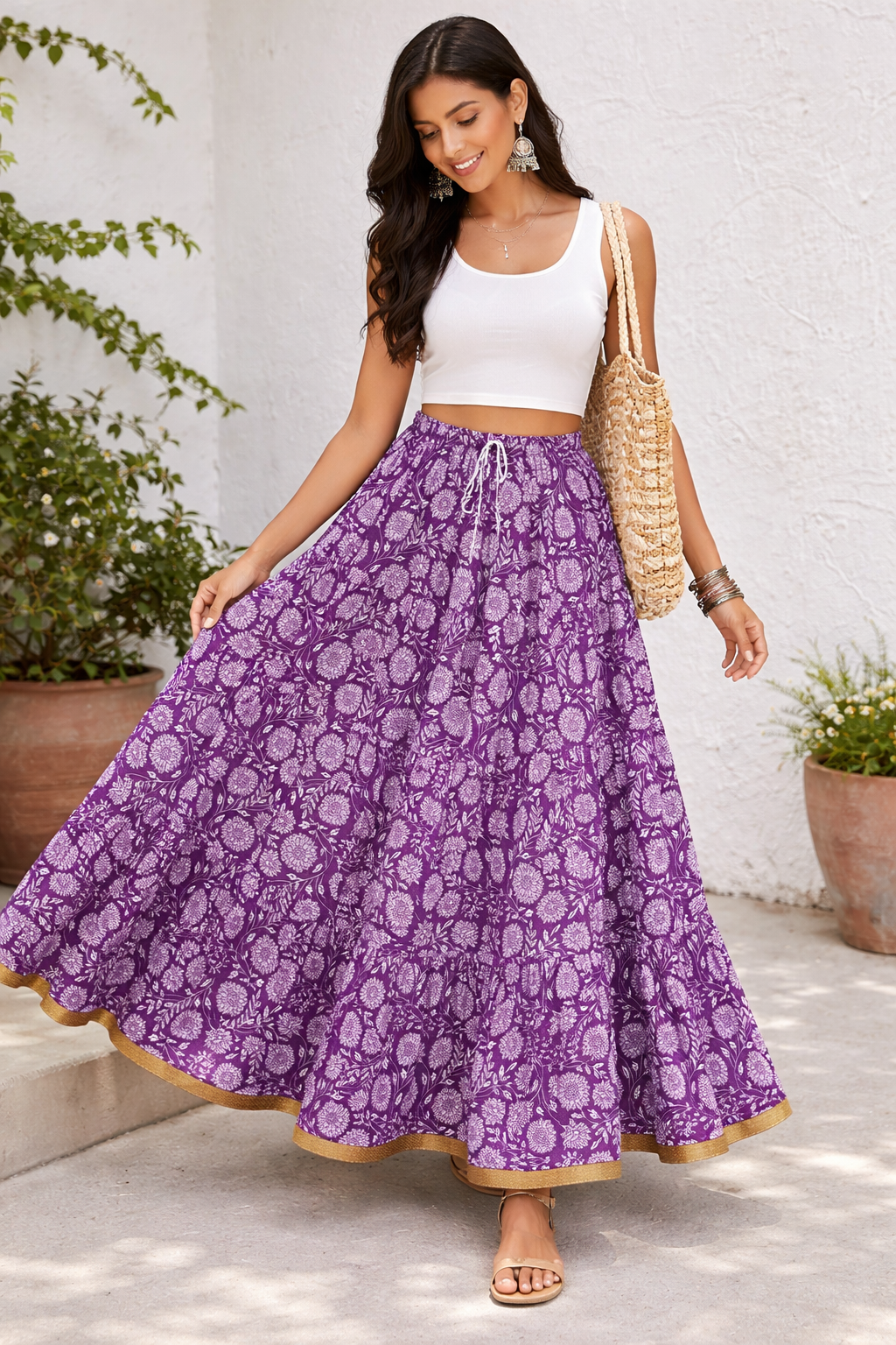Blackfever purple floral tiered cotton maxi skirt with gold border, free size