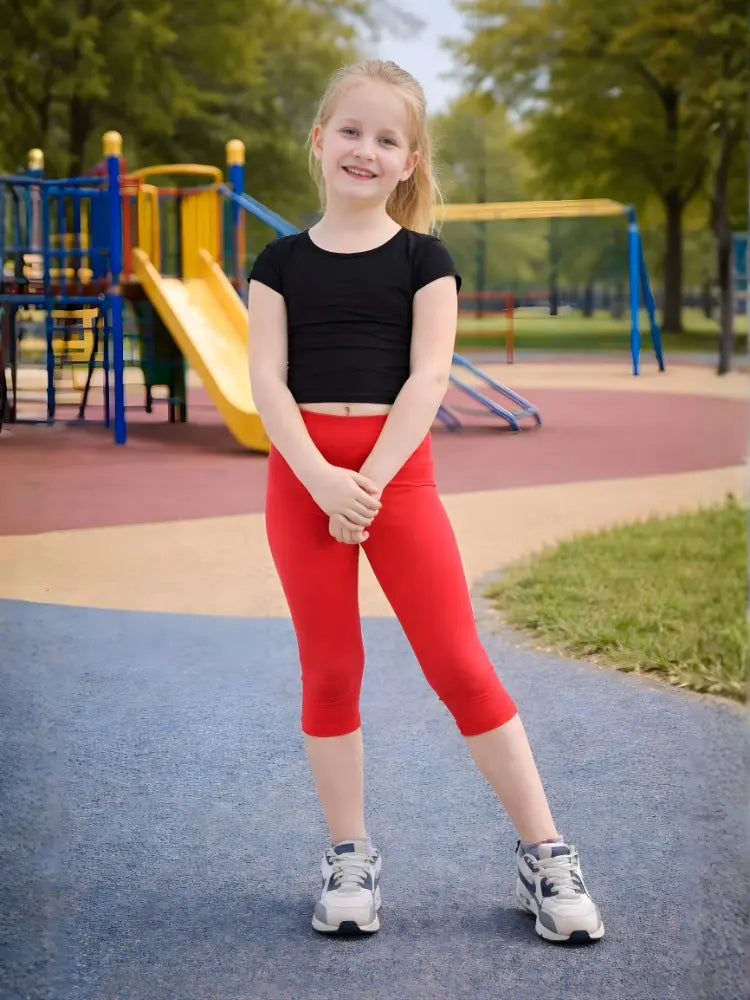 Girls red cotton leggings, 3/4 length