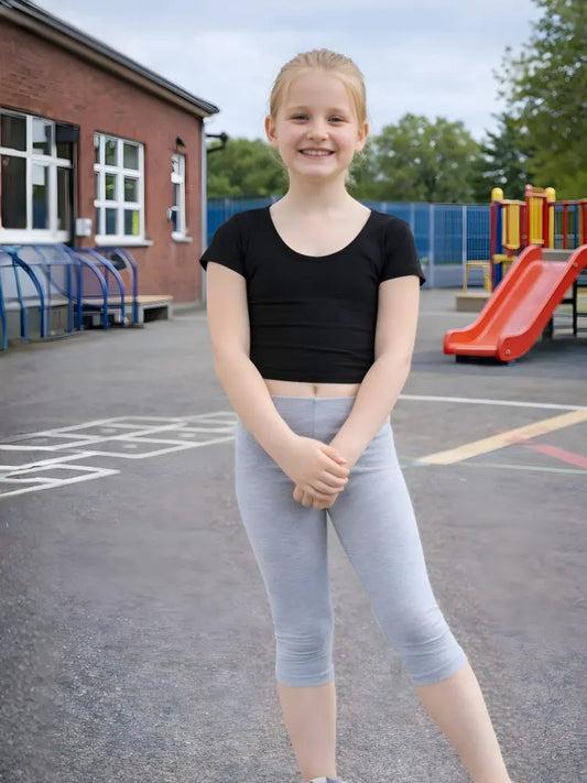 Girls light grey cotton leggings, 3/4 length