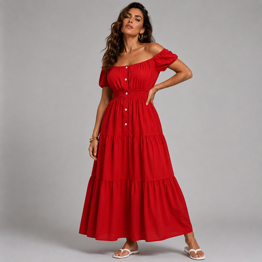 Off shoulder elastic waist gypsy style maxi dress by rockthosecurves