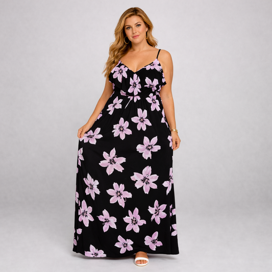 Lilac floral print V frilled top maxi dress by rockthosecurves