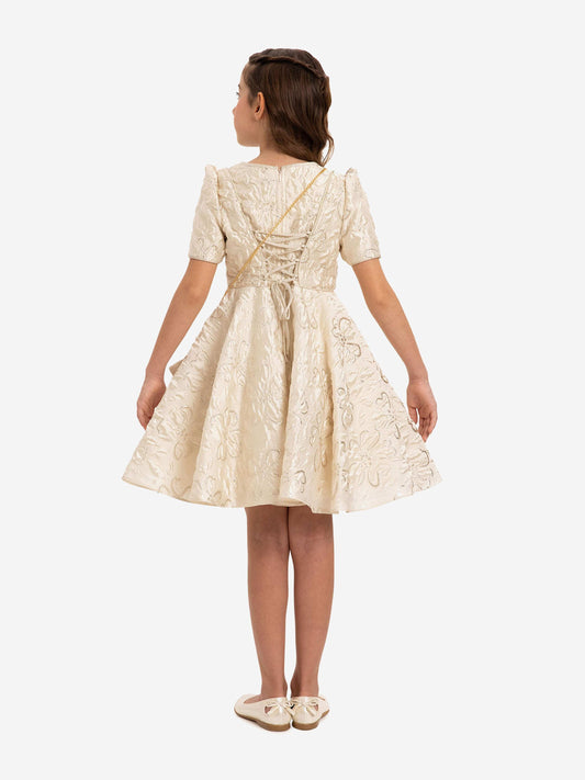 Dress & Fleur Girls Elegant Dress with Matching Bag in Beige