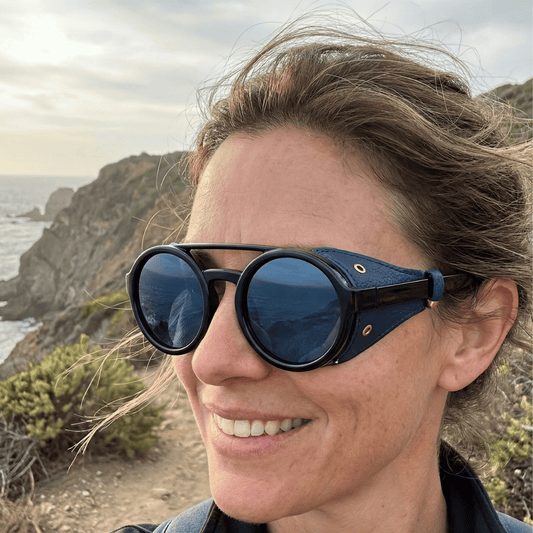Explorer black and navy sunglasses with tinted blue polarized lenses by Eyesnug