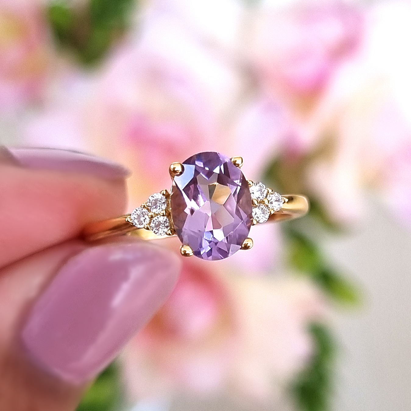 Lavender Amethyst Engagement Ring for Women in 18k Gold Vermeil on Sterling Silver with Oval Gemstone