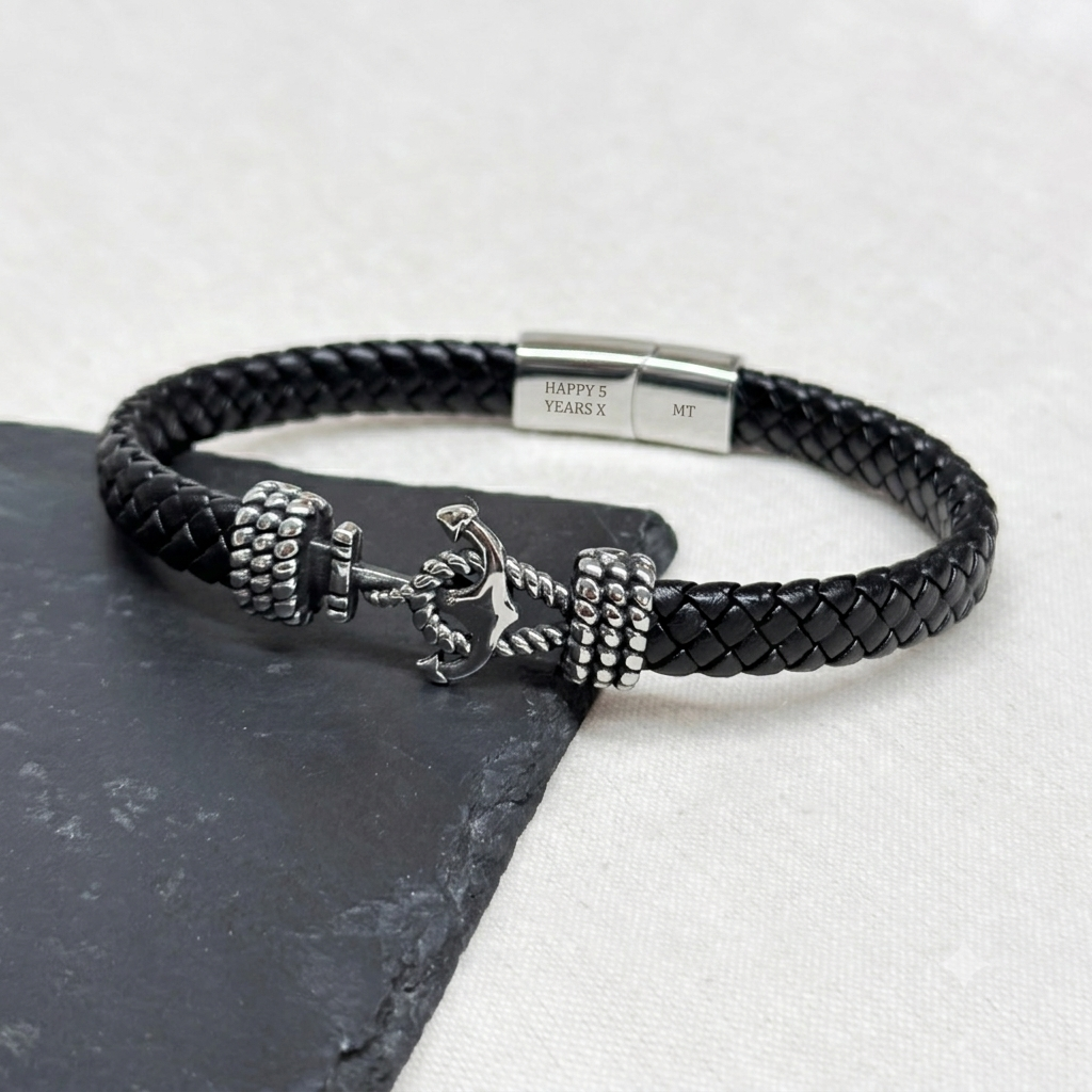 Personalised Men's Woven Leather Anchor Bracelet