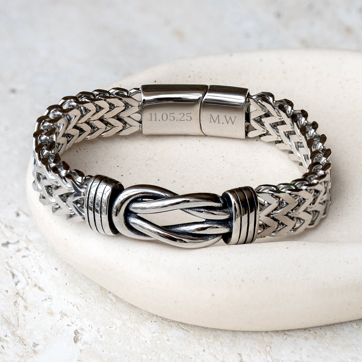 Personalised men's woven stainless steel infinity knot bracelet by Treat Republic