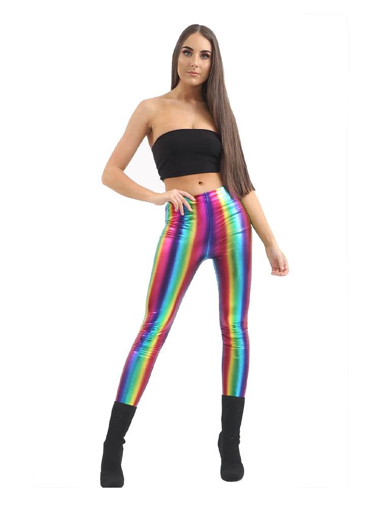 Rainbow microfibre and metallic leggings for women