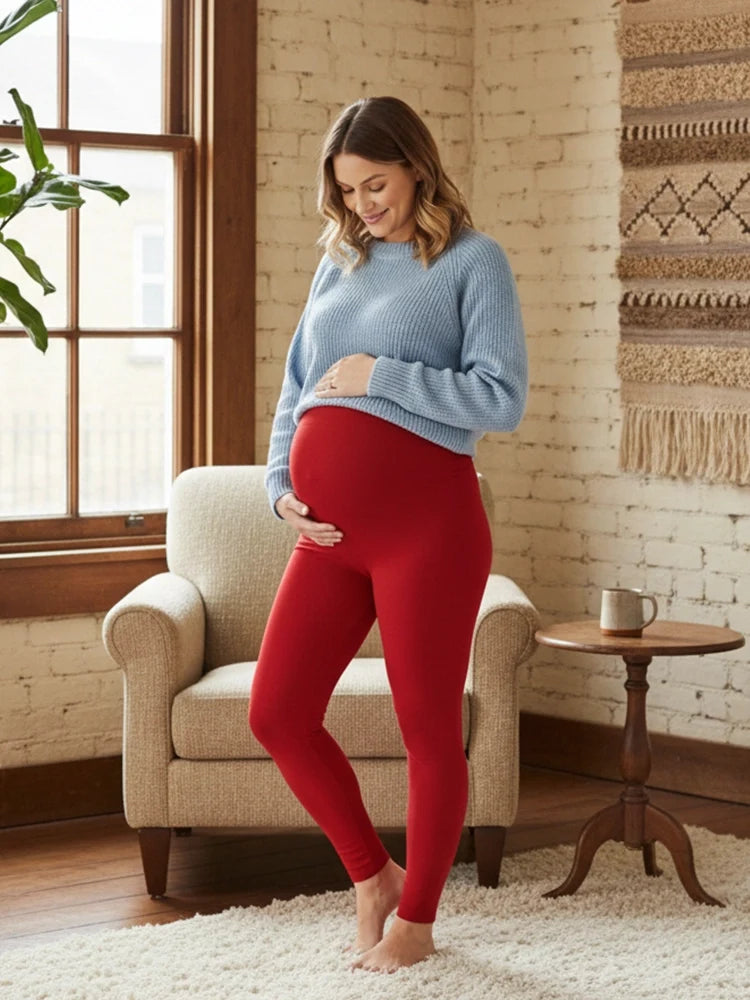 Women's Red Full Length Maternity Leggings in Cotton