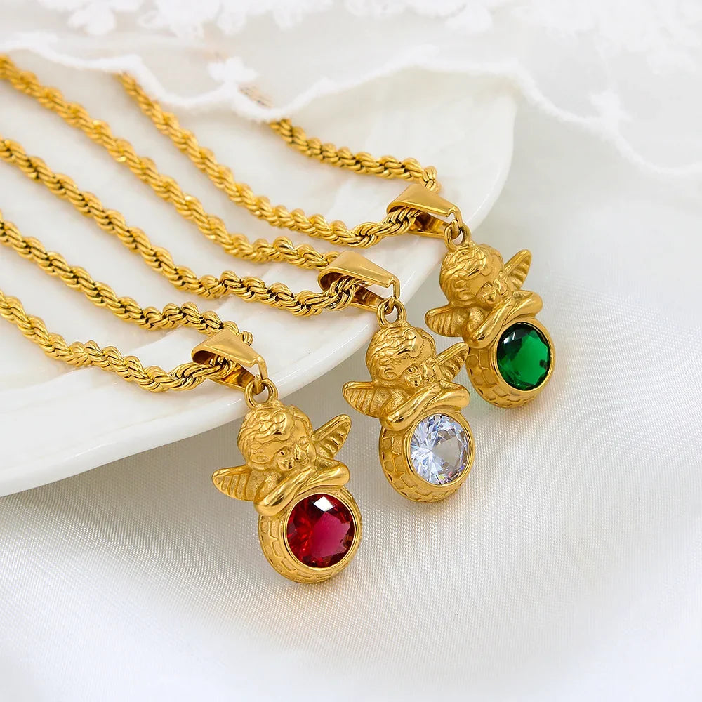 Dainty Angel Birthstone Necklace