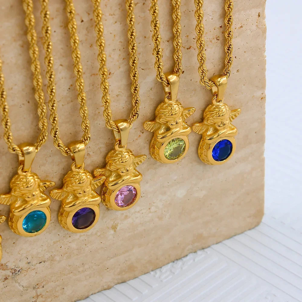 Dainty Angel Birthstone Necklace