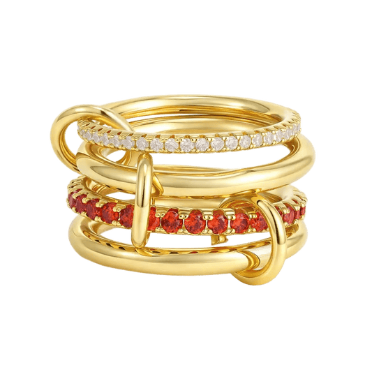 18K Elegant Gold Plated Stacked Rings with Red & White Stones