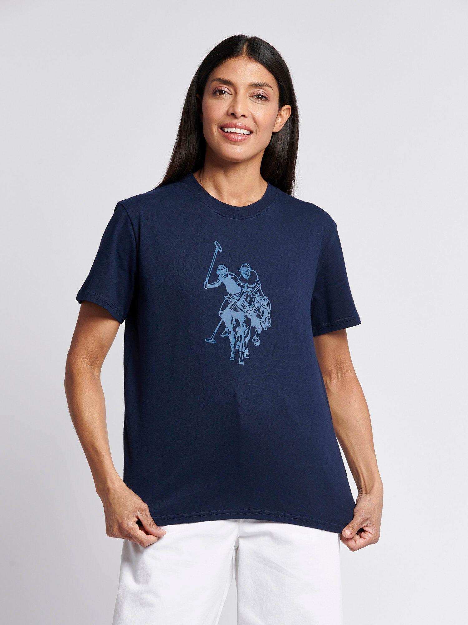Womens Double Horsemen Print Crew Neck T-Shirt in Navy Iris – TANNERRA