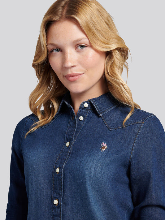 Womens Denim Shirt in Dark Blue Wash