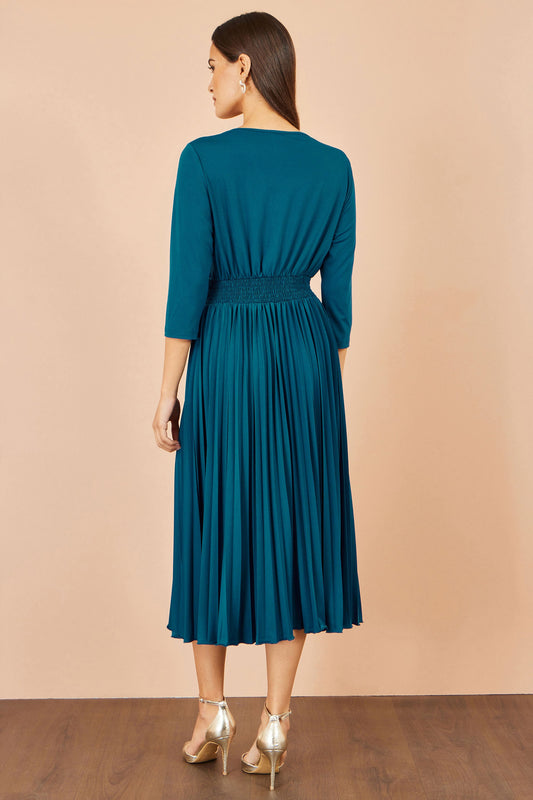 Yumi Teal Stretch Wrap Pleated Midi Dress