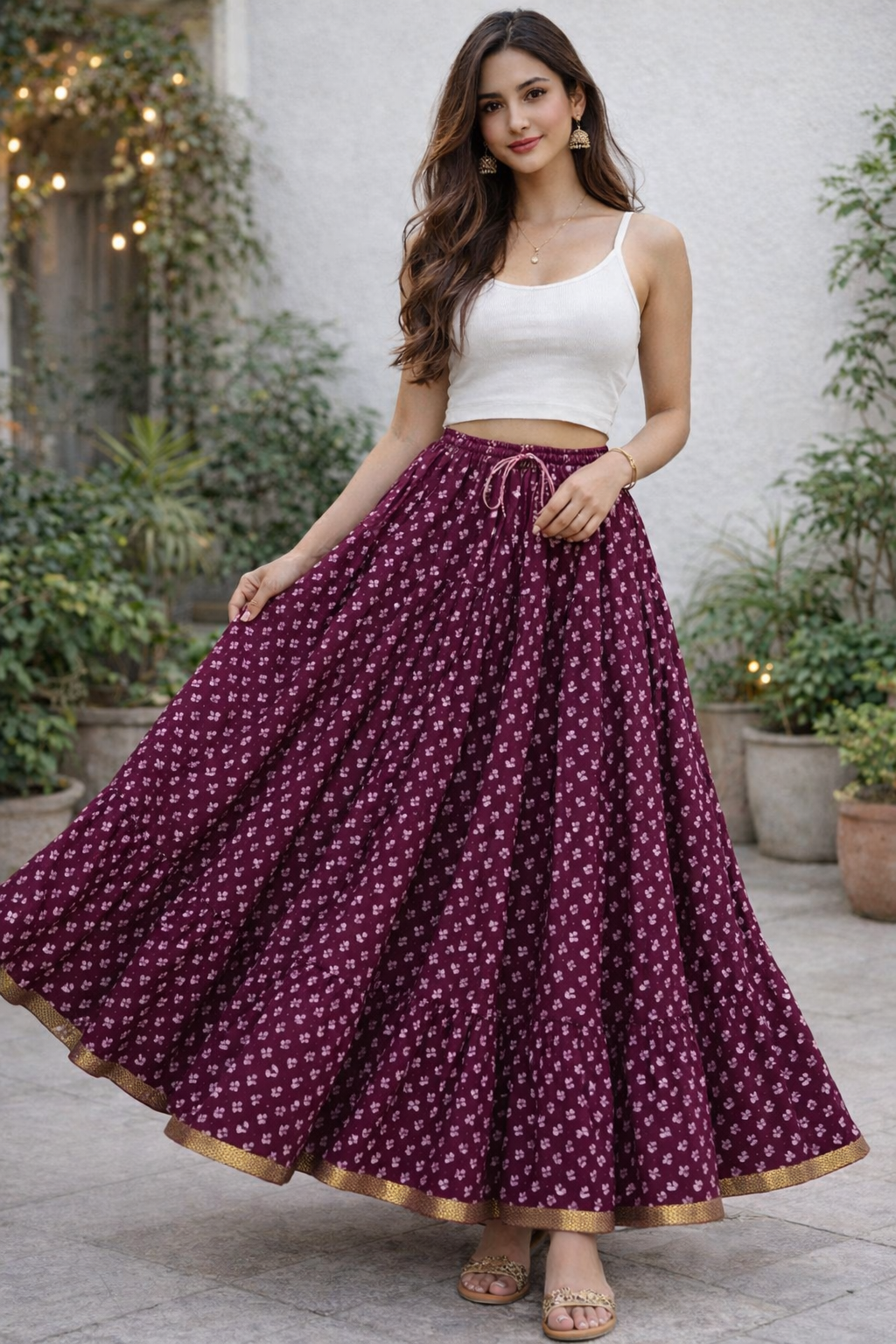 Blackfever elegant deep plum purple printed tiered skirt, free size