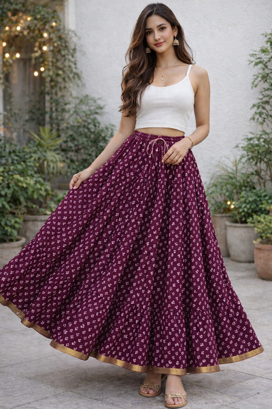 Blackfever elegant deep plum purple printed tiered skirt, free size
