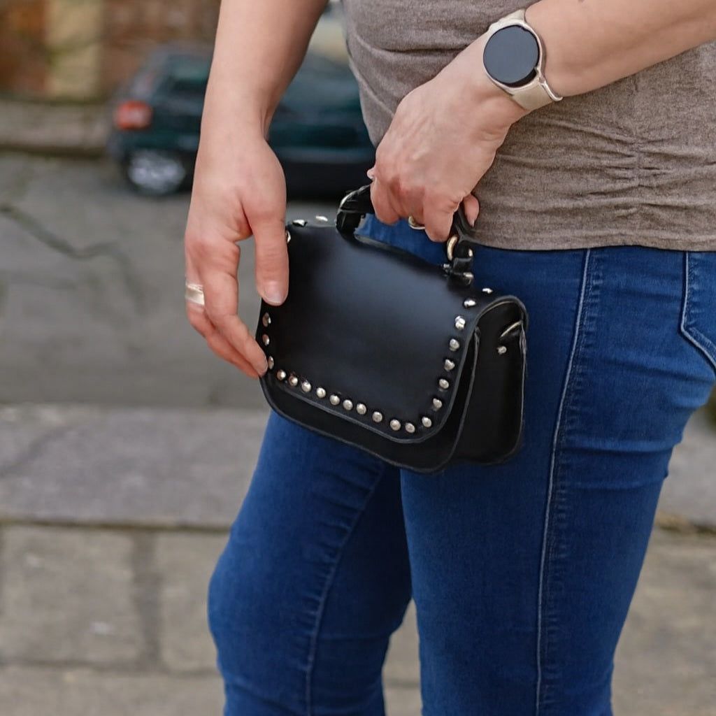 Aura handmade leather bag in black studded by Zatchels