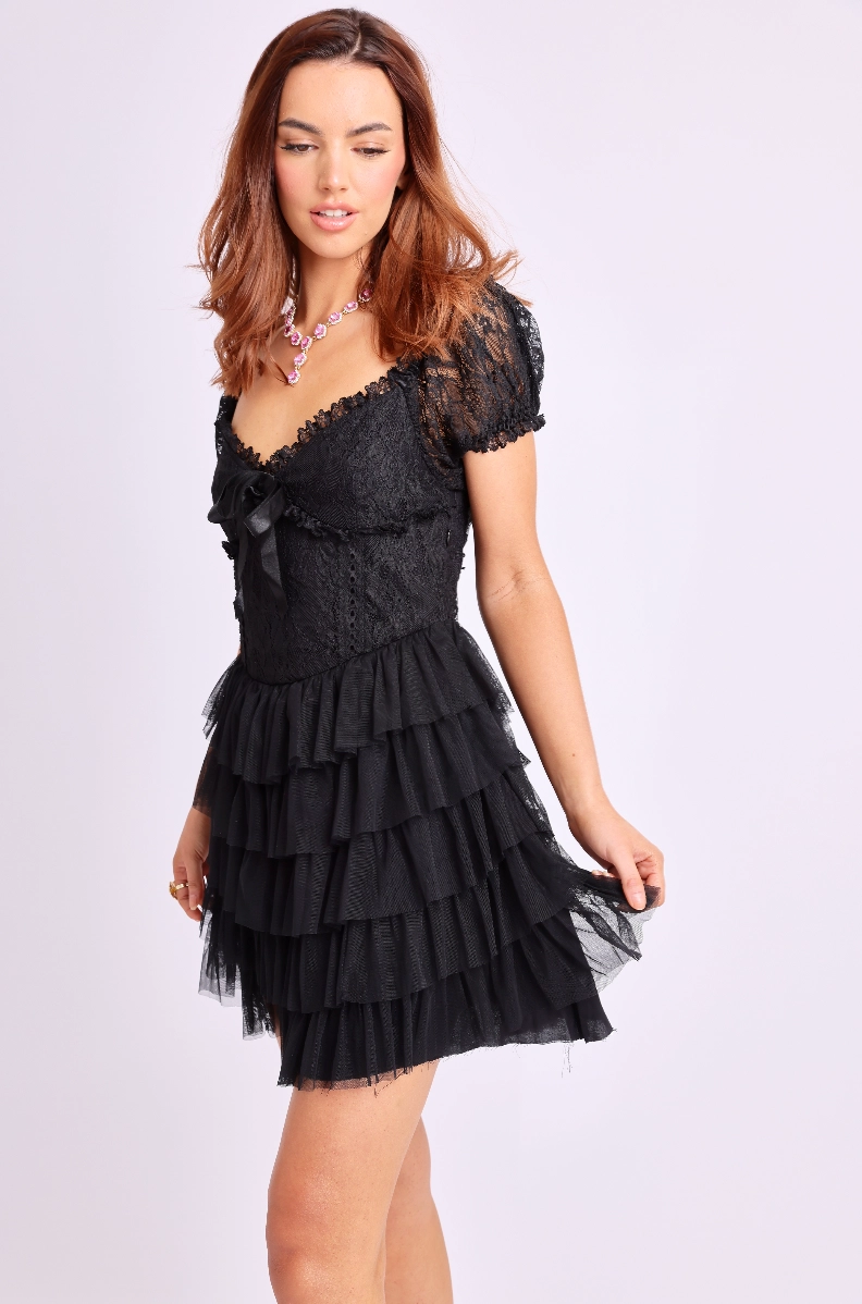 Amy Jane London Black Coquette Tulle Lace Sweetheart Neck Sofia Mini Dress