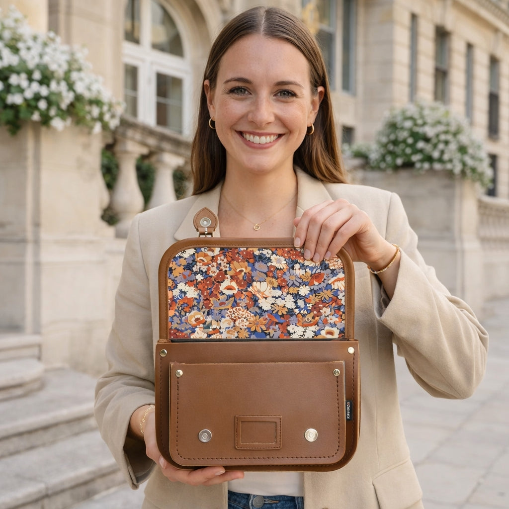 Floral lined leather midi satchel in chestnut by Zatchels