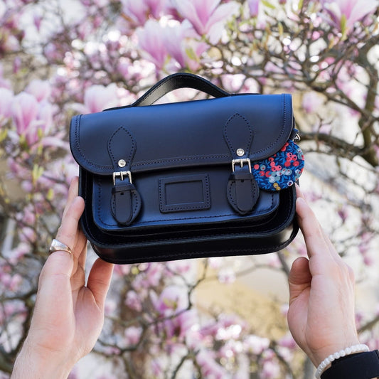Floral lined leather midi satchel in navy by Zatchels