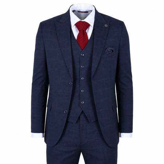 IM54 men's navy blue check tailored fit 3 piece suit by TruClothing