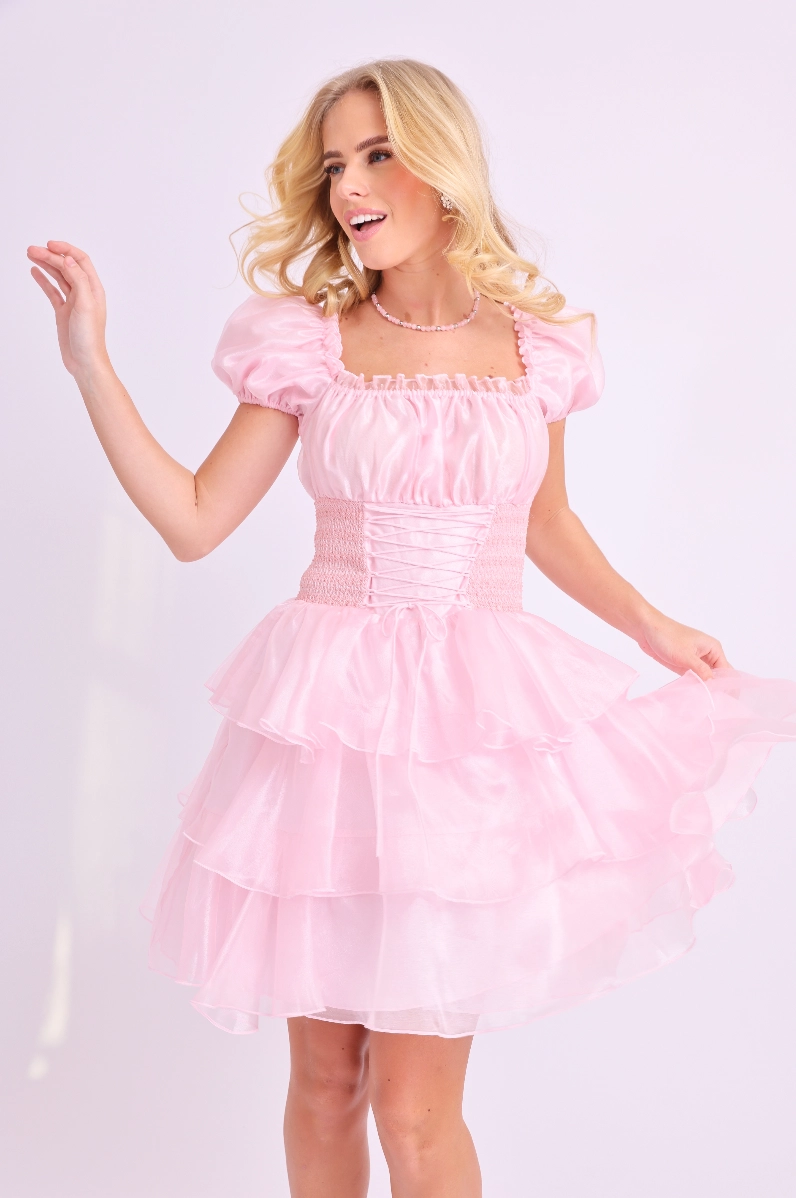 Amy Jane London Pink Arabella Organza Puff Sleeve Corset Bodice Prairie Mini Dress