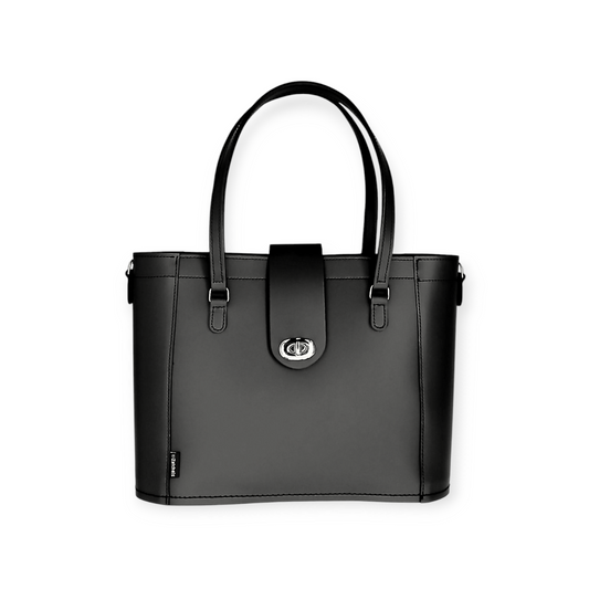 Leather mini twist lock shopper bag in black by Zatchels