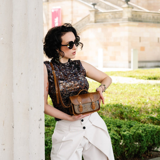 Handmade Tannery leather and tweed cross body micro satchel plus in tan by Zatchels