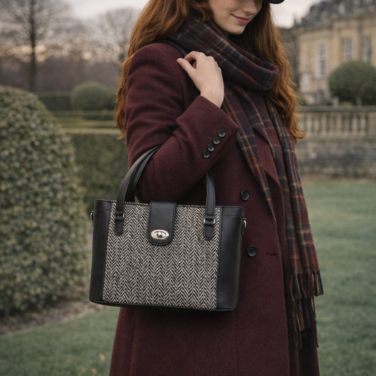 Tannery tweed and leather mini twist lock shopper bag in black by Zatchels